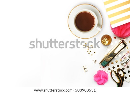 Woman desktop elegant. Coffee cup and items on the table. Mock-up for artwork .View from above. Flat lay.