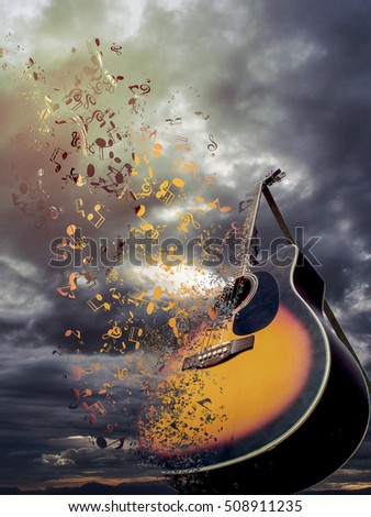Its a pic of Beautiful guitar, which is scattering in the sky in the form of musical nodes.
