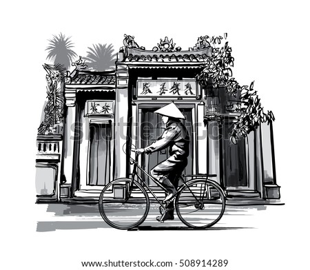 Vietnamese with conical hat on bicycle  - vector illustration