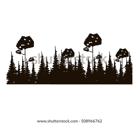 monochrome panoramic forest with pines and leafy trees