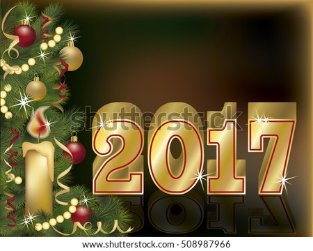 Golden new 2017 year card with xmas candle, vector illustration