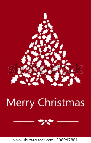 Christmas vertical banner with invitation text, Holly leaves and berries on a red background. Vector illustration