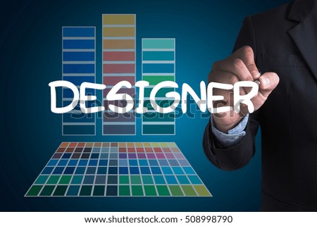 Creative Designer Graphic designer at work. Color swatch samples, Illustrator Graphic designer working digital tablet and computer