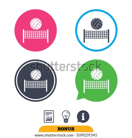 Volleyball net with ball sign icon. Beach sport symbol. Report document, information sign and light bulb icons. Vector