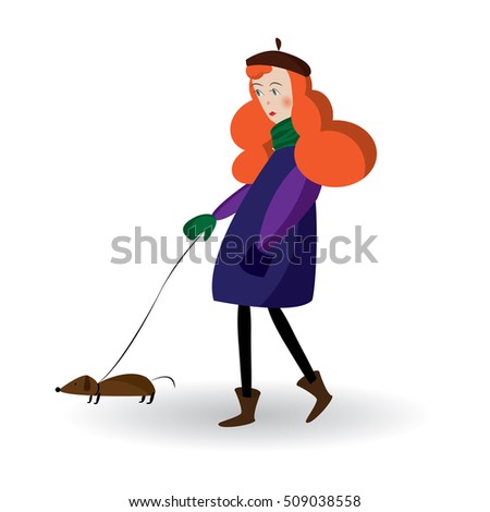 Bright colored illustration with fashion red-haired girl and dog walking in autumn for use in design for card, invitation, poster, banner, placard or billboard cover. Woman in stylish coat