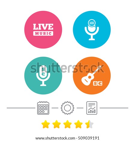 Musical elements icons. Microphone and Live music symbols. Paid music and acoustic guitar signs. Calendar, cogwheel and report linear icons. Star vote ranking. Vector