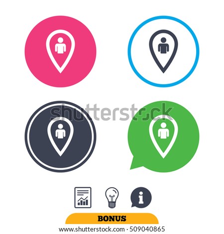 Map pointer user sign icon. Person location marker symbol. Report document, information sign and light bulb icons. Vector