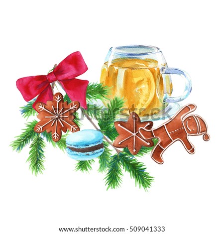 Christmas gingerbread. Garland with a Cup of tea. Isolated on a white background. Watercolor illustration.
