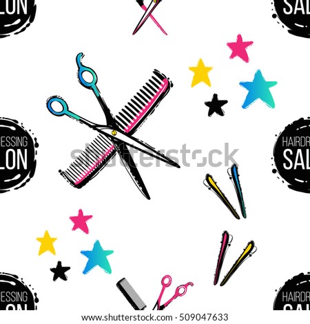 Contrasty seamless pattern with stars, thinning scissors, barrette, hairbrush, comb for beauty salons or shops. Inspired by fashion professional hairdressers tools. Vector background.
