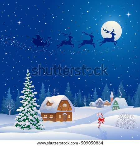 Vector cartoon illustration of a Christmas wonderland with Santa Claus sleigh in the night sky and snow covered village, square design
