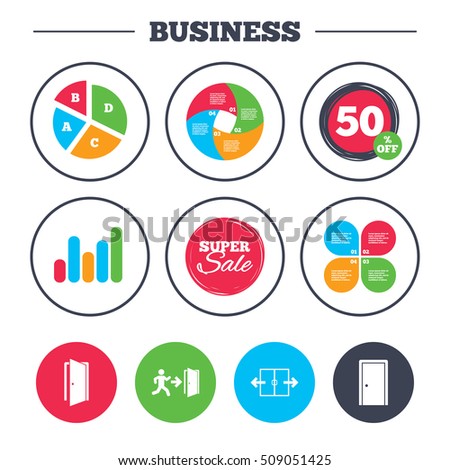 Business pie chart. Growth graph. Automatic door icon. Emergency exit with human figure and arrow symbols. Fire exit signs. Super sale and discount buttons. Vector