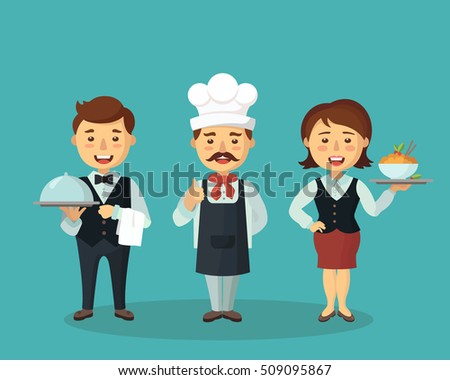 Cartoon vector illustration of the restaurant team.Chef cook,waitress , waiter.Cool vector flat design. Royalty-Free Stock Photo #509095867