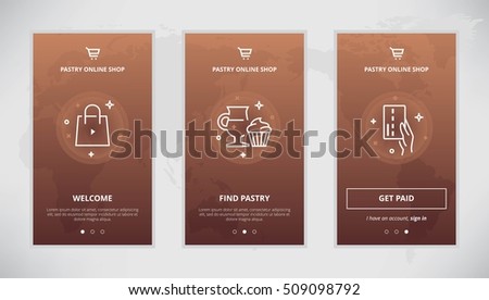 Onboarding design concept for pastry online store. Modern vector outline mobile app design set of pastry online shop. Onboarding screens for pastry buying online