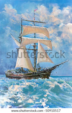 Drawing of boat is under sail, painting