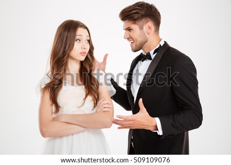 Images of man argues with a girl. isolated white background