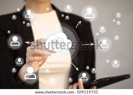Business button search cloud magnifier loupe connection web network