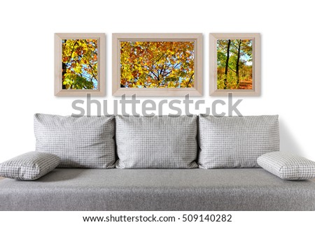 Interior decor mock up, frames triptych with colorful autumn posters over modern couch, countryside style