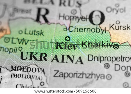 Map view of Kiev, Ukraine on a geographical map of Europe. Royalty-Free Stock Photo #509156608
