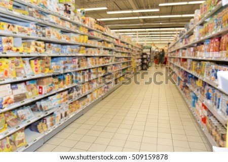 Empty supermarket aisle or a grocery store, blurred
