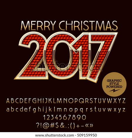 Vector red and golden Merry Christmas 2017 greeting card with set of letters, symbols and numbers. File contains graphic styles