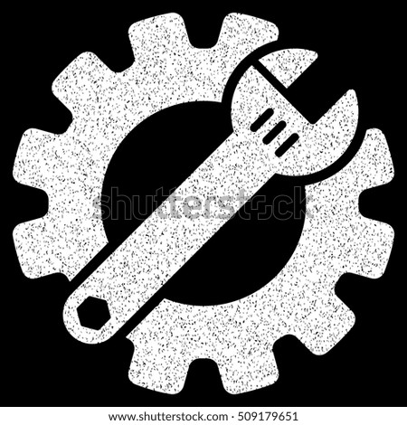 Service Tools grainy textured icon for overlay watermark stamps. Flat symbol with dirty texture. Dotted vector white ink rubber seal stamp with grunge design on a black background.
