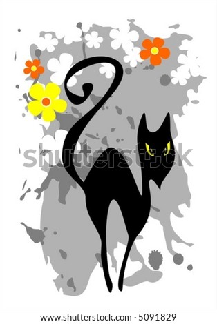 The stylized black cat on a grunge grey flower background.