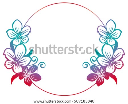 Gradient round frame with abstract flowers silhouettes. Raster clip art.