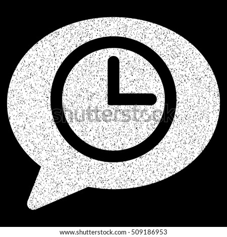 Message Time grainy textured icon for overlay watermark stamps. Flat symbol with dust texture. Dotted vector white ink rubber seal stamp with grunge design on a black background.