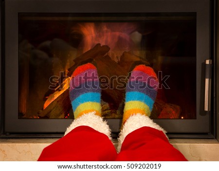Santa Claus relaxing in front of the fireplace, Santa claus relax

