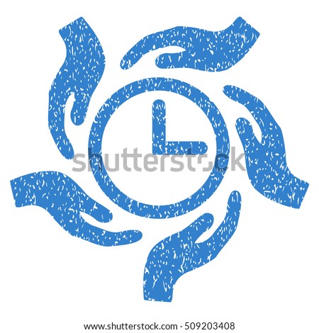 Time Care grainy textured icon for overlay watermark stamps. Flat symbol with dust texture. Dotted vector cobalt ink rubber seal stamp with grunge design on a white background.