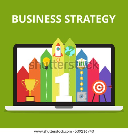 Business or politic strategy concept. Number one, target, golden cup, rocket, light bulb, earth, bank, coins, safe on the on the laptop screen. Flat vector illustration.