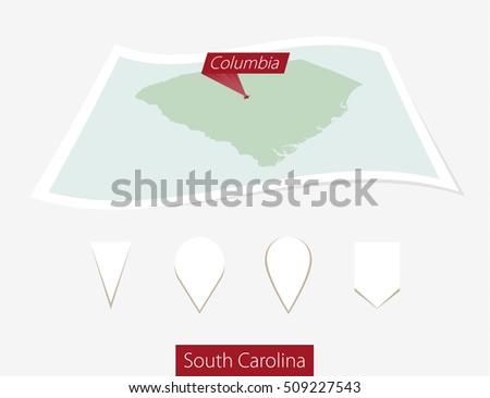 Curved paper map of South Carolina state with capital Columbia on Gray Background. Four different Map pin set. Vector Illustration.