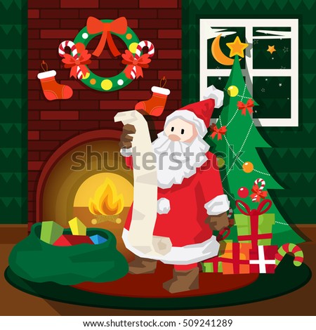 Christmas Card Illustration - Santa Claus Reading The Gift List
