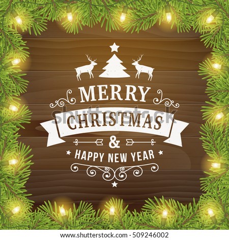merry christmas and happy new year postcard background. vector holiday greeting card with curl sign and text on wood plank backdrop with twig and light bulbs for print or banners.