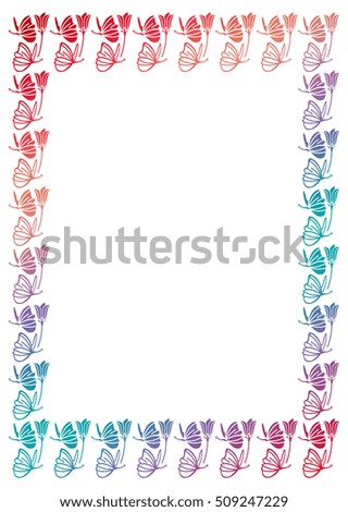 Floral gradient frame with butterfly. Raster clip art outline drawing.