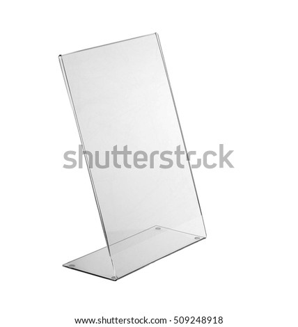 Transparent acrylic table stand display for menu in isolated white background