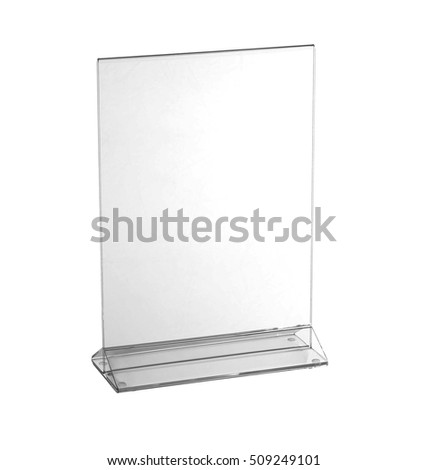 Transparent acrylic table stand display for menu in isolated white background