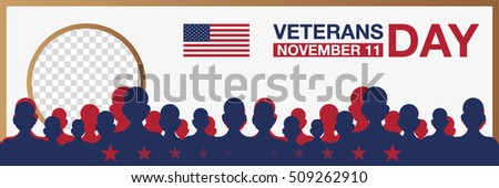 Veterans day promo banner. Honoring veterans, USA flag and people on background. Vector illustration.