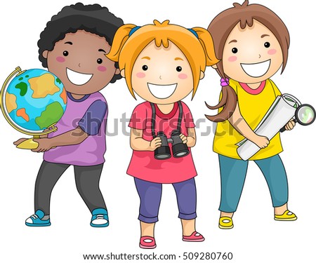 Illustration of a Diverse Group of Preschool Kids Carrying a Globe, a Map, and a Pair of Binoculars
