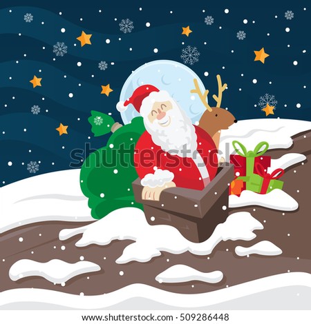 Christmas Card Illustration - Santa Midnight Chimney Entrance