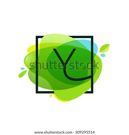 Y letter logo in square frame at green watercolor splash background. Green art background. Vector ecology typography for your logo, posters, invitations, cards. 