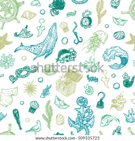 Sea pattern. Marine pattern. Nautical elements. Anchor, whale, helm, fishes, pirate elements, shells. Underwater world.