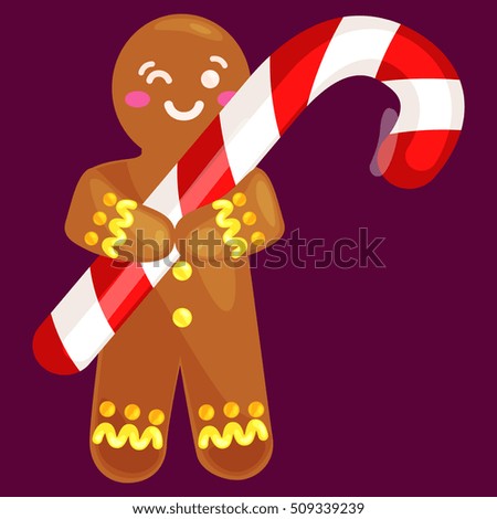 christmas cookies gingerbread man decorated with icing holding a candy, xmas sweet food bake vector illustration