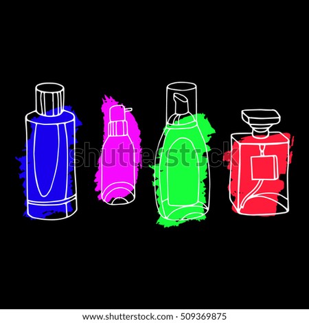 Set of vector perfume fashion container smell spray. Vector illustration perfume shop symbols elegant merchandise gift. Beauty liquid luxury fragrance aroma perfume bottle aromatherapy.