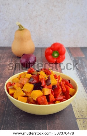 Roasted butternut squash, red bell pepper and red onion