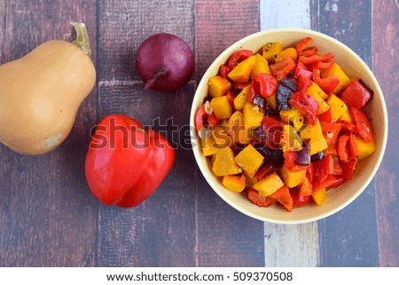 Roasted butternut squash, red bell pepper and red onion