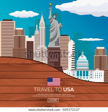 Travel to USA, New York Poster skyline. Statue of Liberty. Wooden frame. Vector illustration