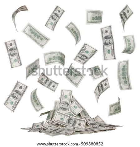 rain of dollar bills and a heap of money isolated on white