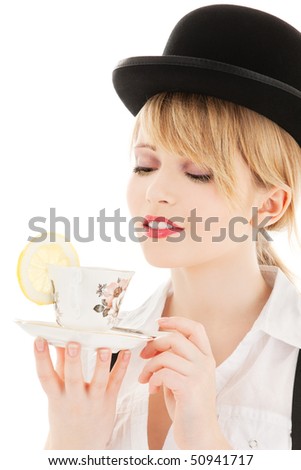 bright picture of lovely girl with cup of tea