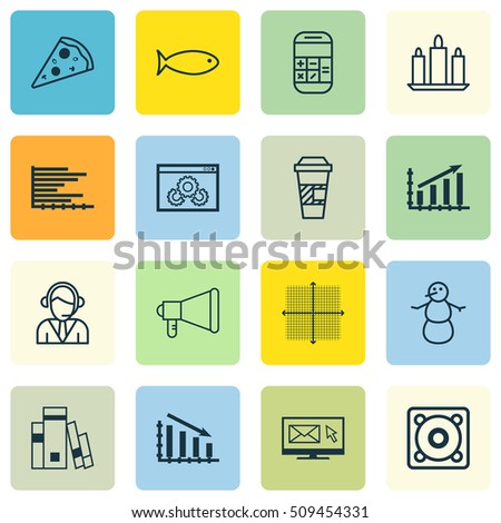 Set Of 16 Universal Editable Icons. Can Be Used For Web, Mobile And App Design. Includes Icons Such As Bars Chart, Fishing, Announcement And More.